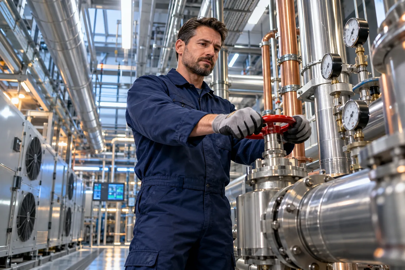 Technician performing precision maintenance on modern HVAC systems in commercial plant room