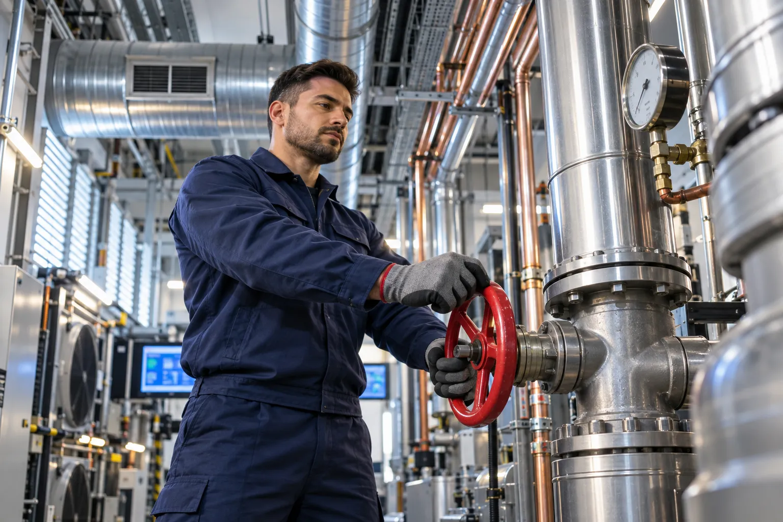Engineer inspecting modern commercial HVAC system in plant room