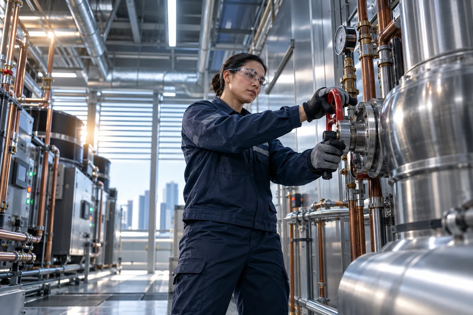 Engineer inspecting modern HVAC systems in commercial plant room