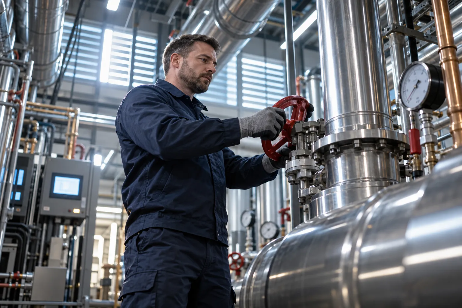 Modern commercial plant room with HVAC systems and precision maintenance equipment