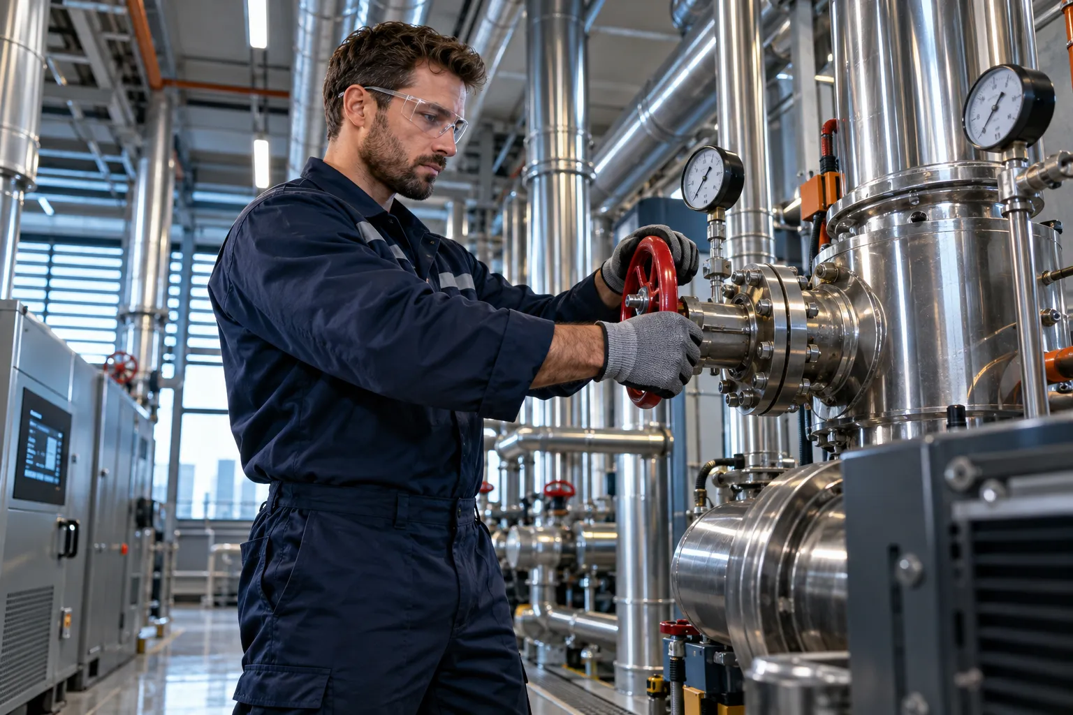 Commercial plant room with modern HVAC systems and precision maintenance equipment