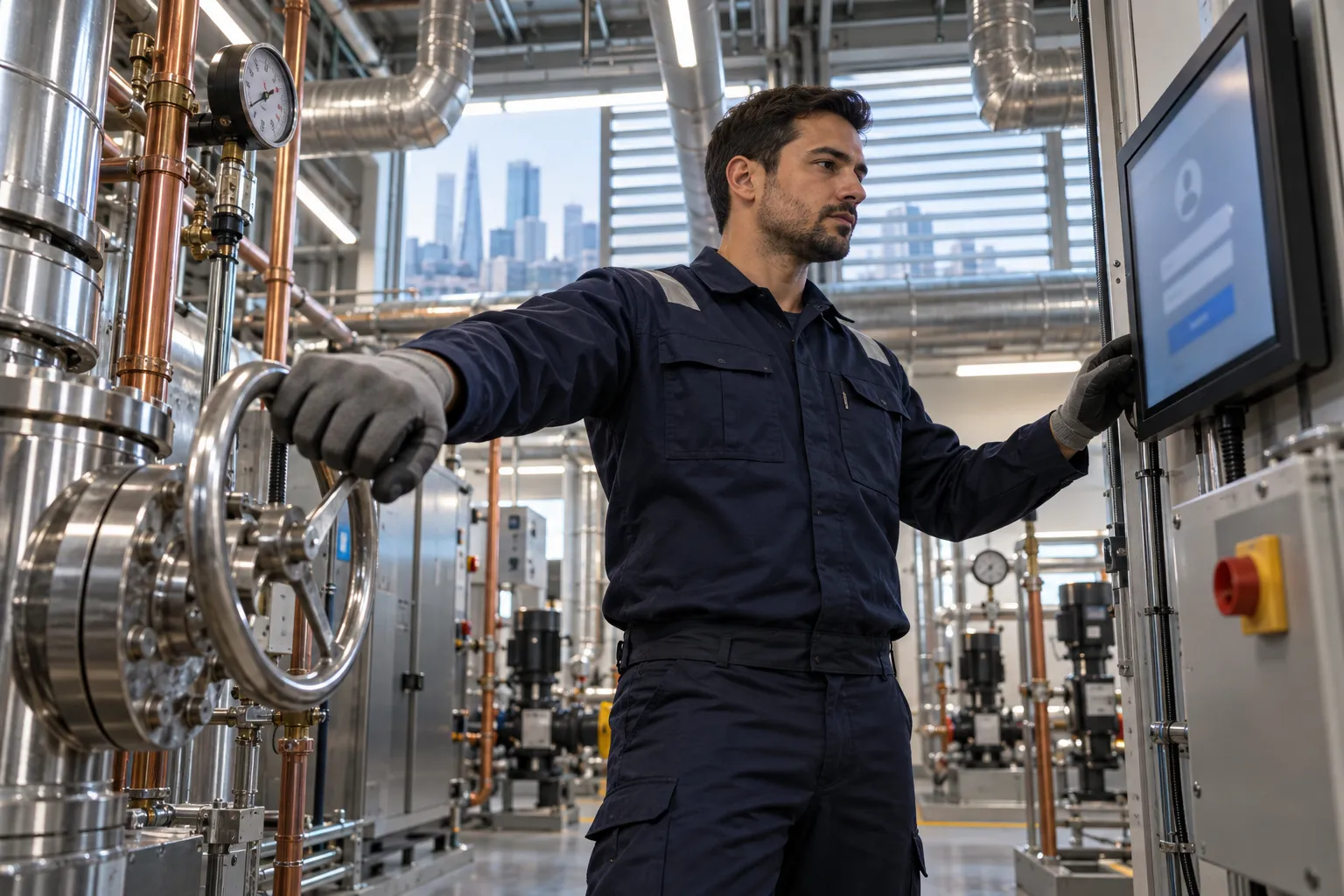 Modern commercial plant room with HVAC systems and maintenance equipment