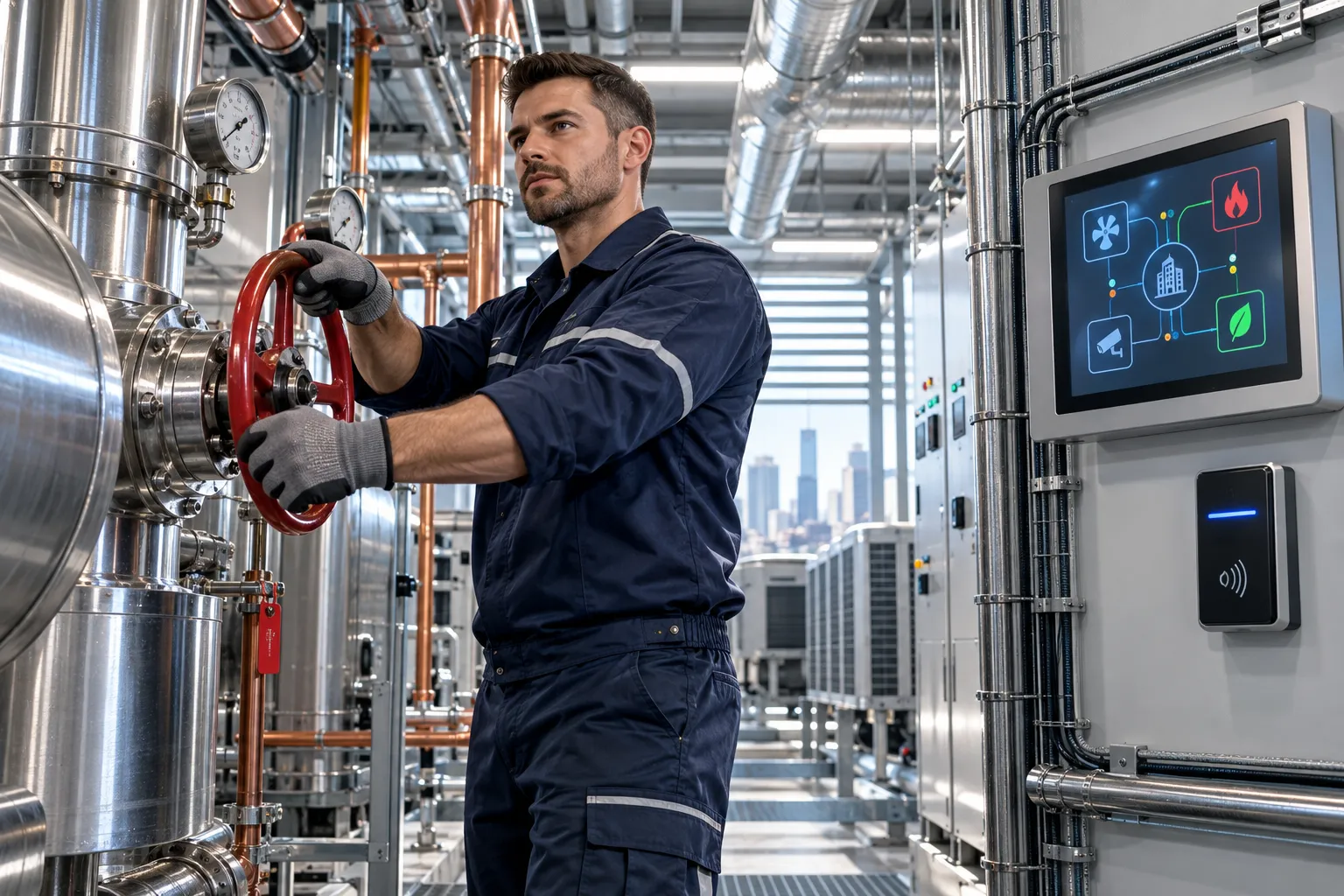 Modern commercial plant room with HVAC systems and maintenance equipment