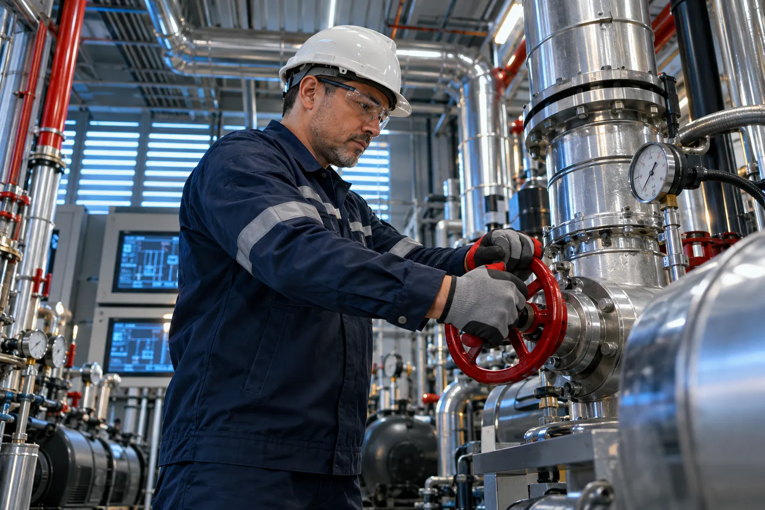 Modern commercial plant room with HVAC systems and precision maintenance equipment