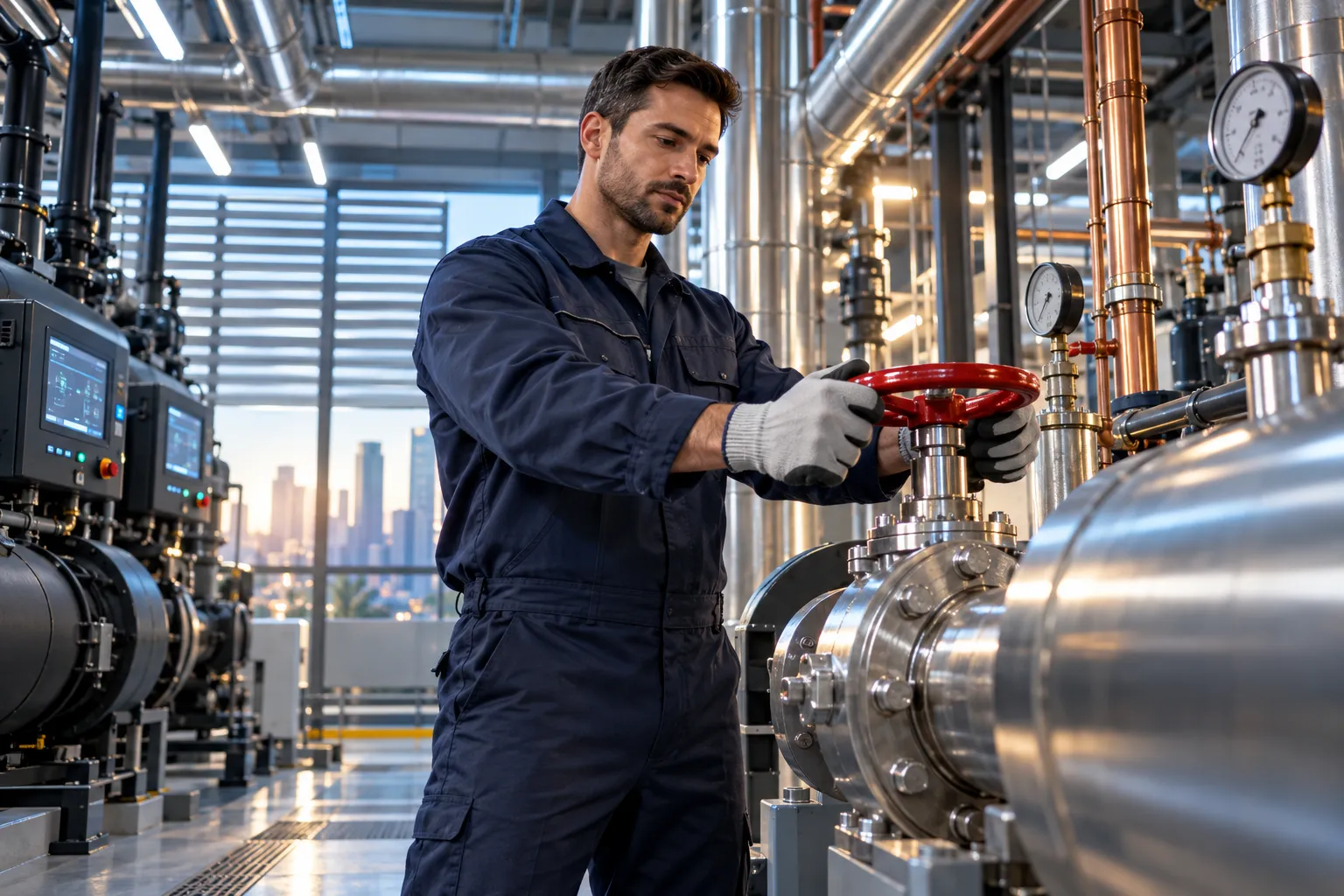 Technician inspecting modern commercial HVAC equipment in clean plant room