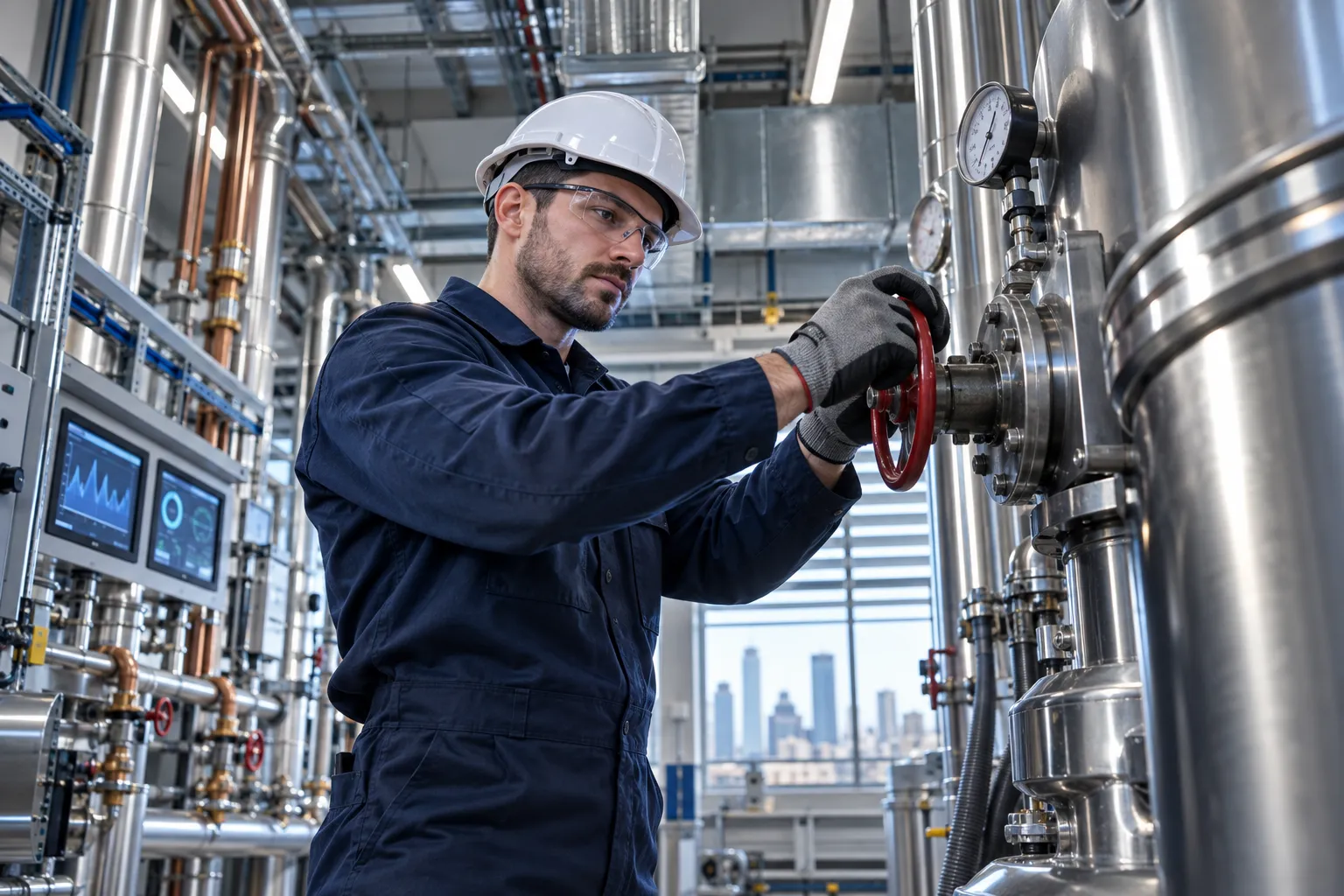 Industrial electrician maintaining modern commercial HVAC systems in plant room