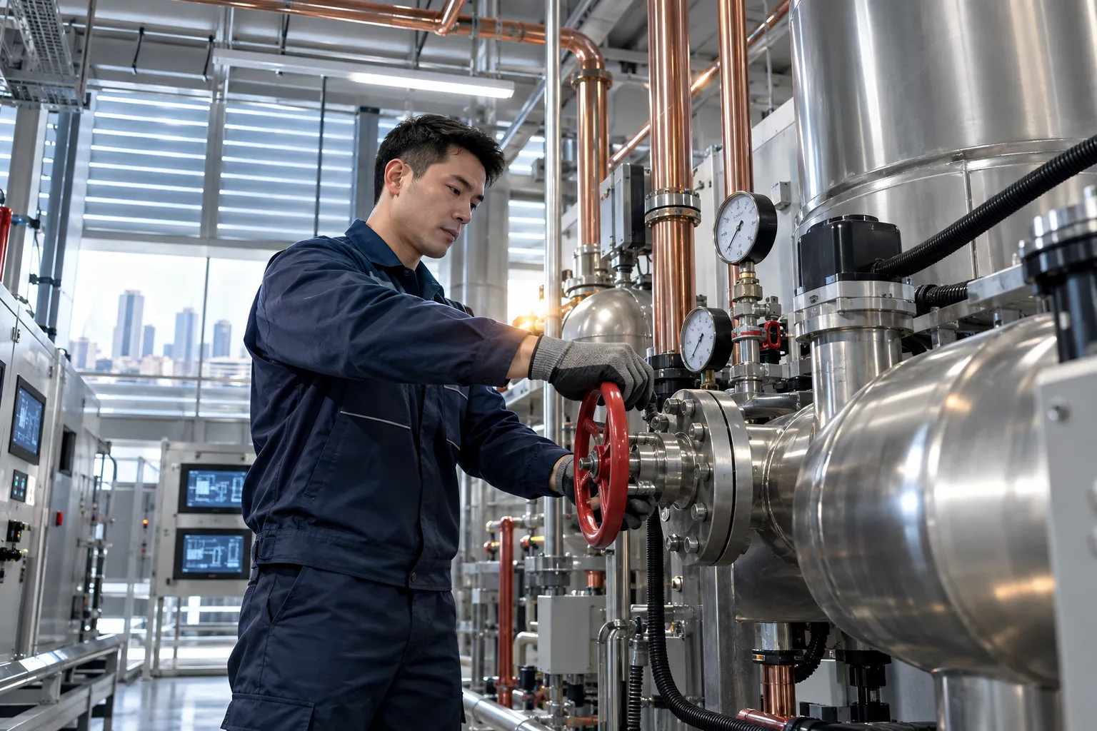Commercial plant room with modern HVAC systems and precision maintenance equipment