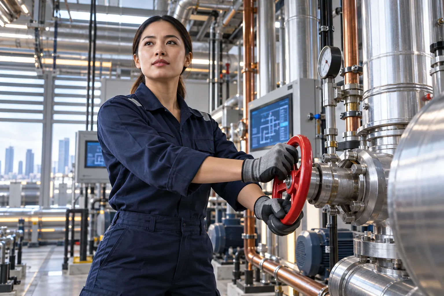M&E engineer inspecting modern HVAC equipment in a commercial plant room