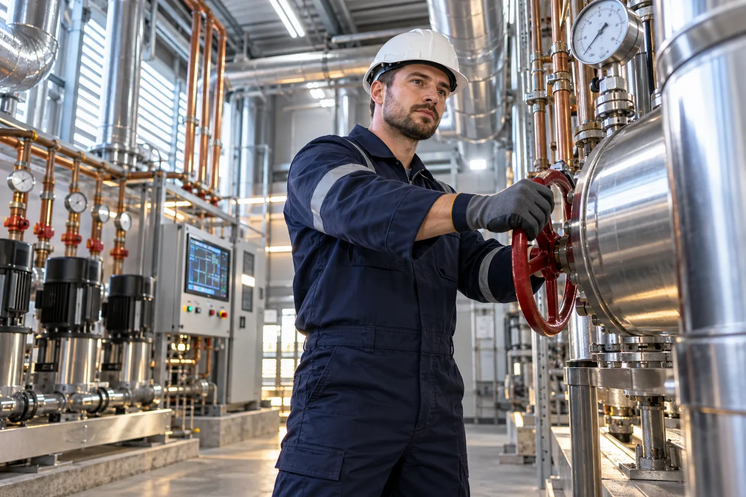 Industrial electrician performing precision maintenance in modern commercial plant room