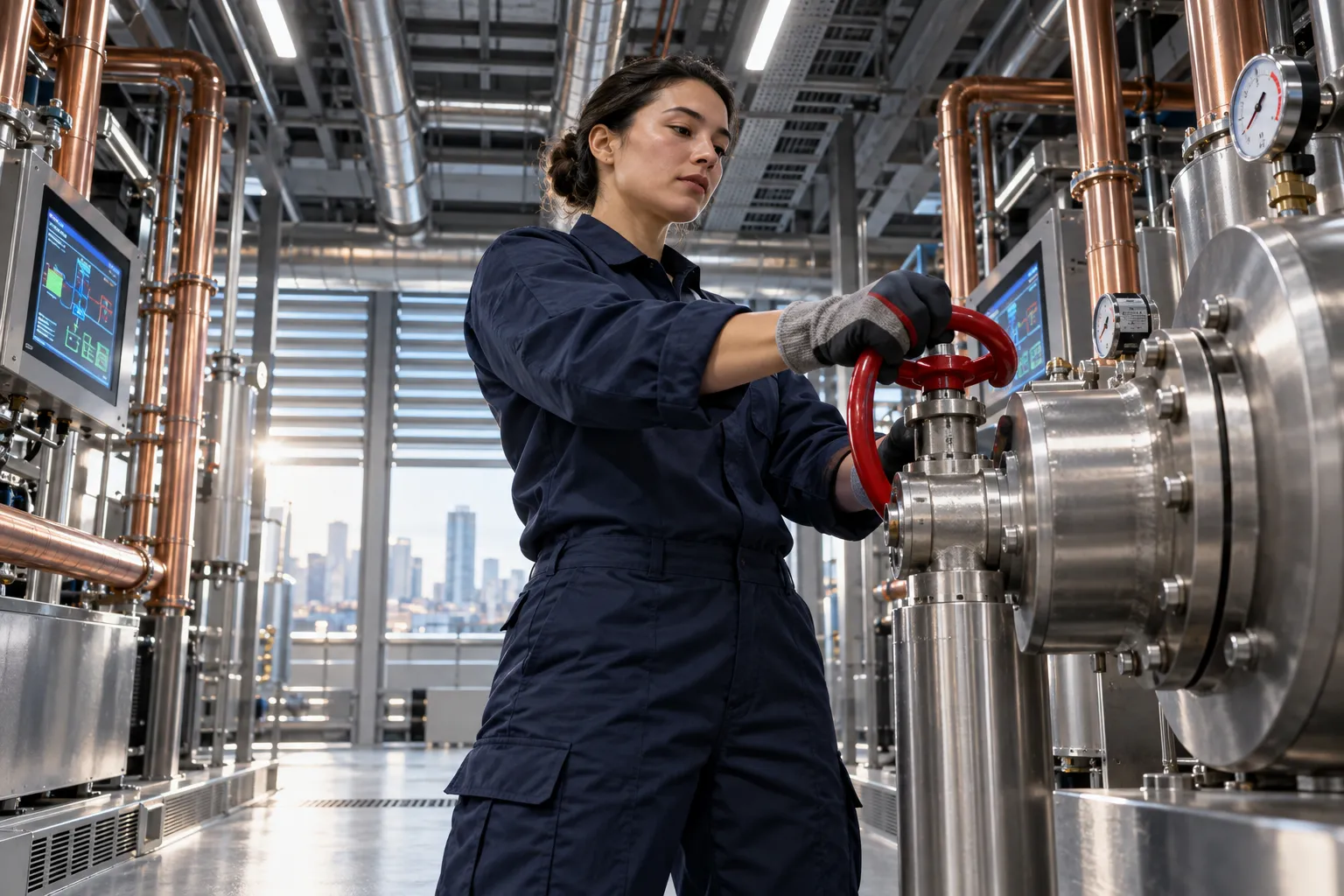 Electrician performing precision maintenance in modern commercial plant room