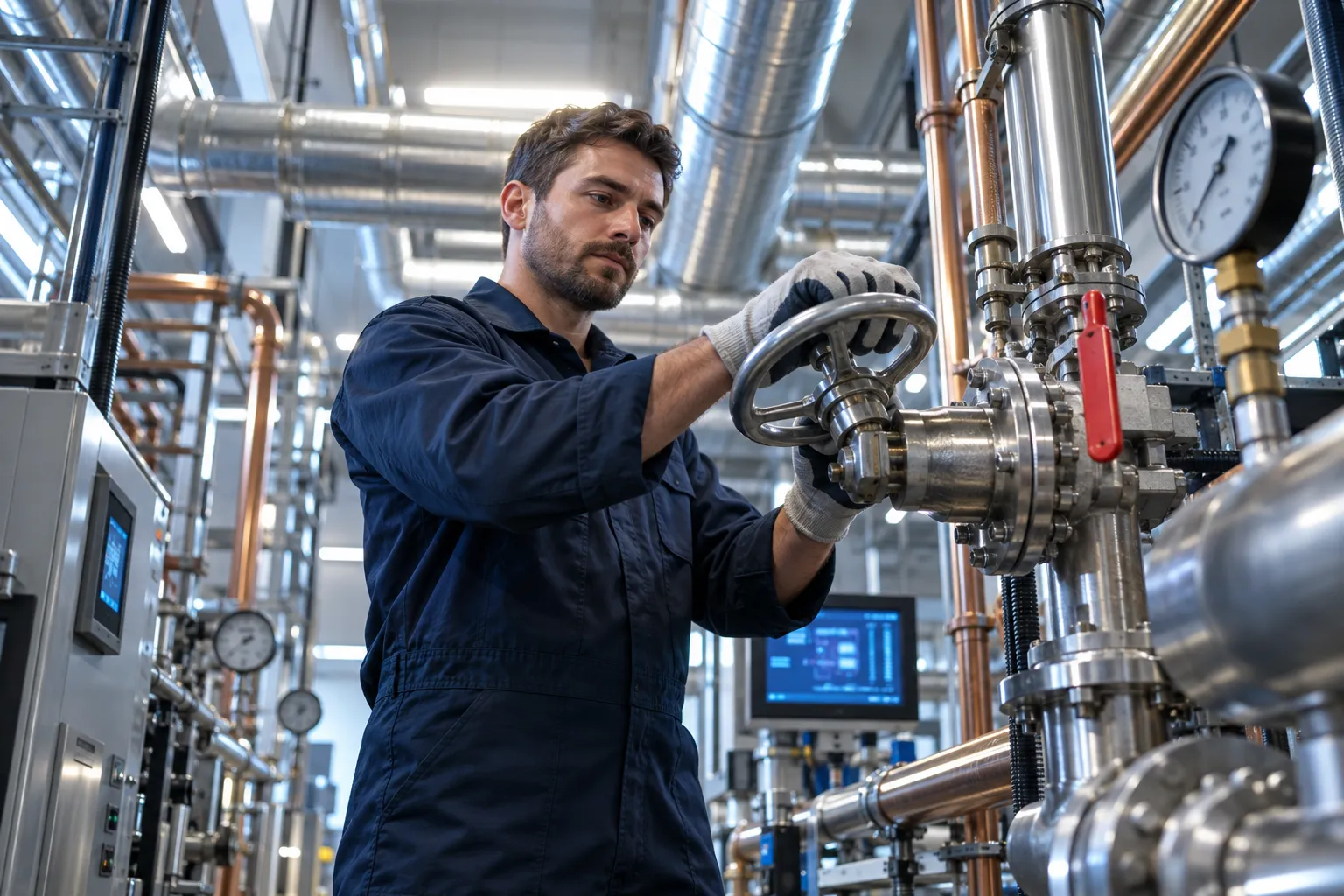 Engineer inspecting modern HVAC systems in clean commercial plant room