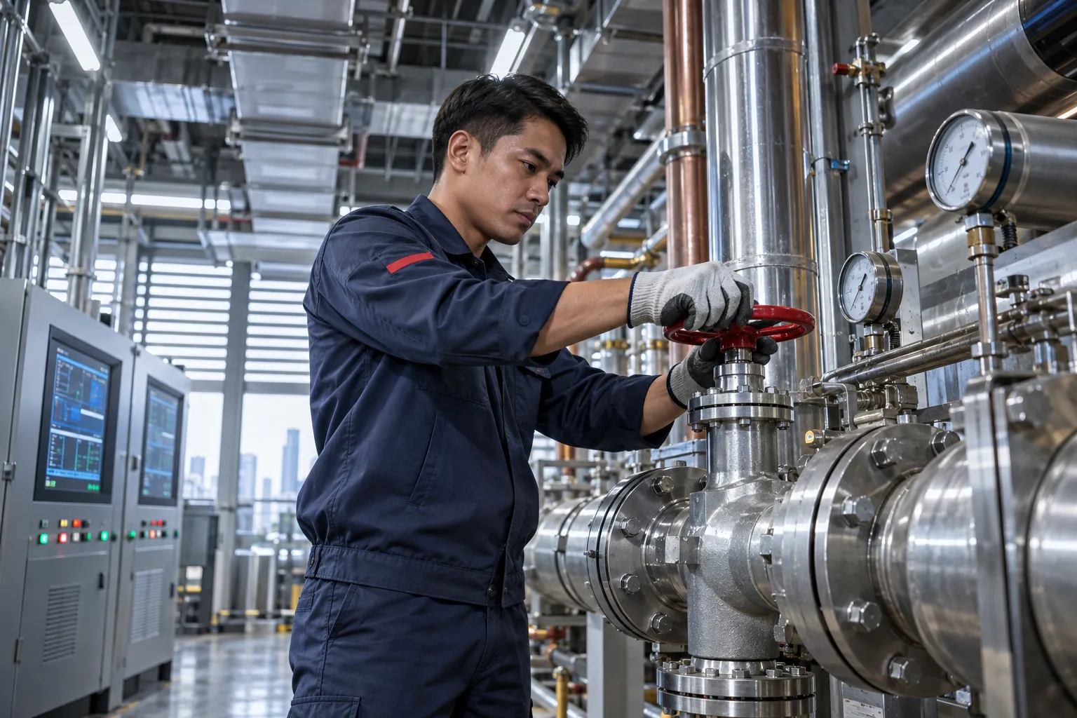 Modern commercial plant room with HVAC systems and precision maintenance equipment