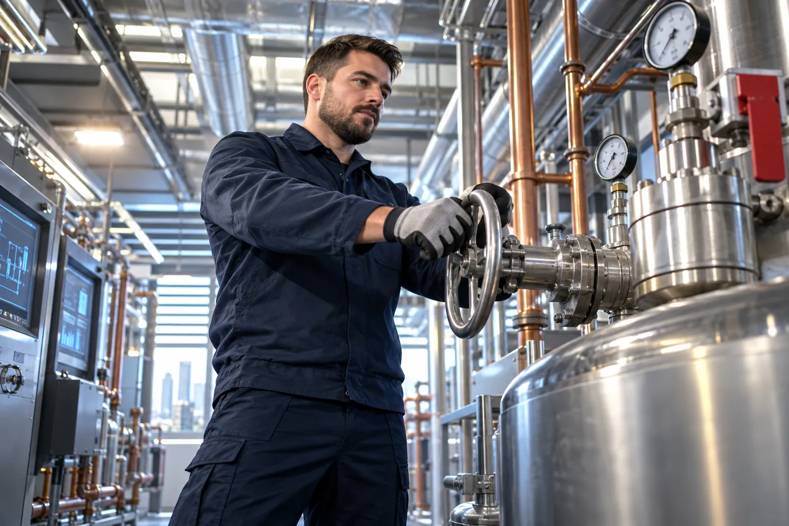 Modern commercial plant room with HVAC systems and precision maintenance equipment