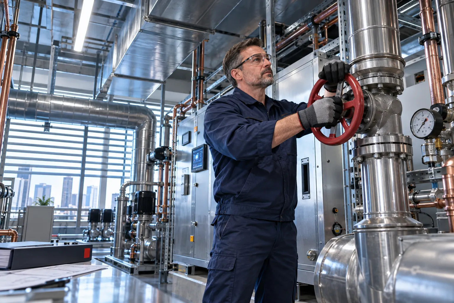 Technician maintaining modern HVAC ductwork in a commercial plant room