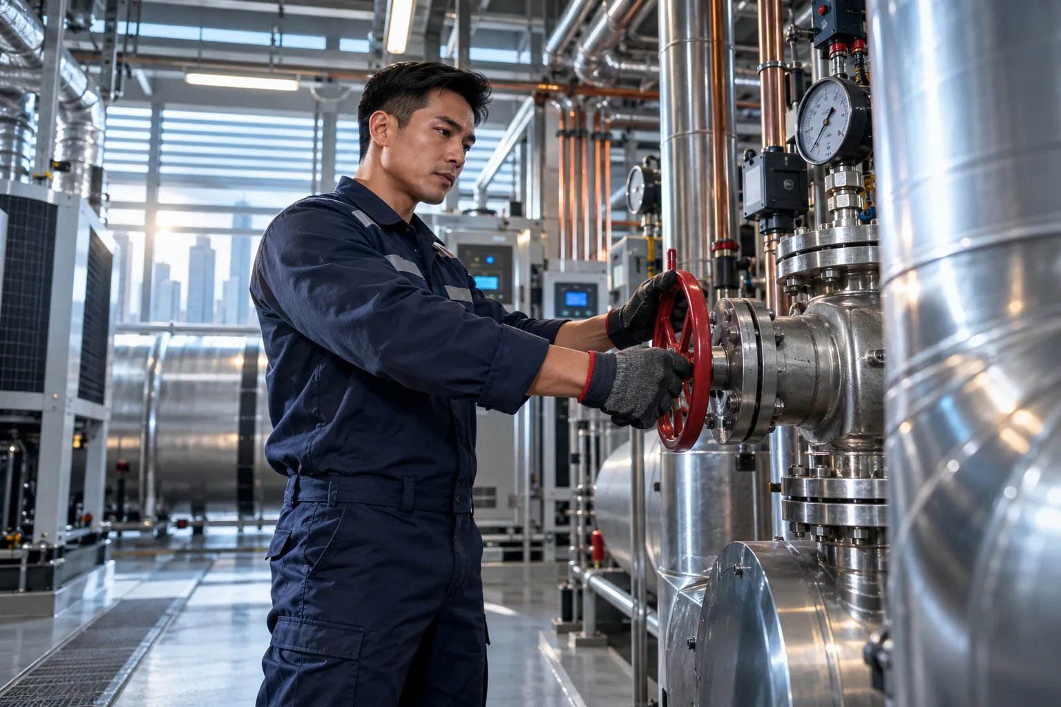 Technician inspecting modern commercial HVAC ductwork in a plant room