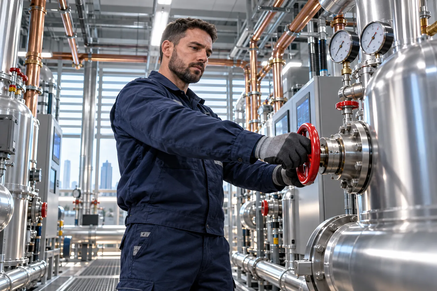Modern commercial plant room with HVAC systems and precision maintenance equipment