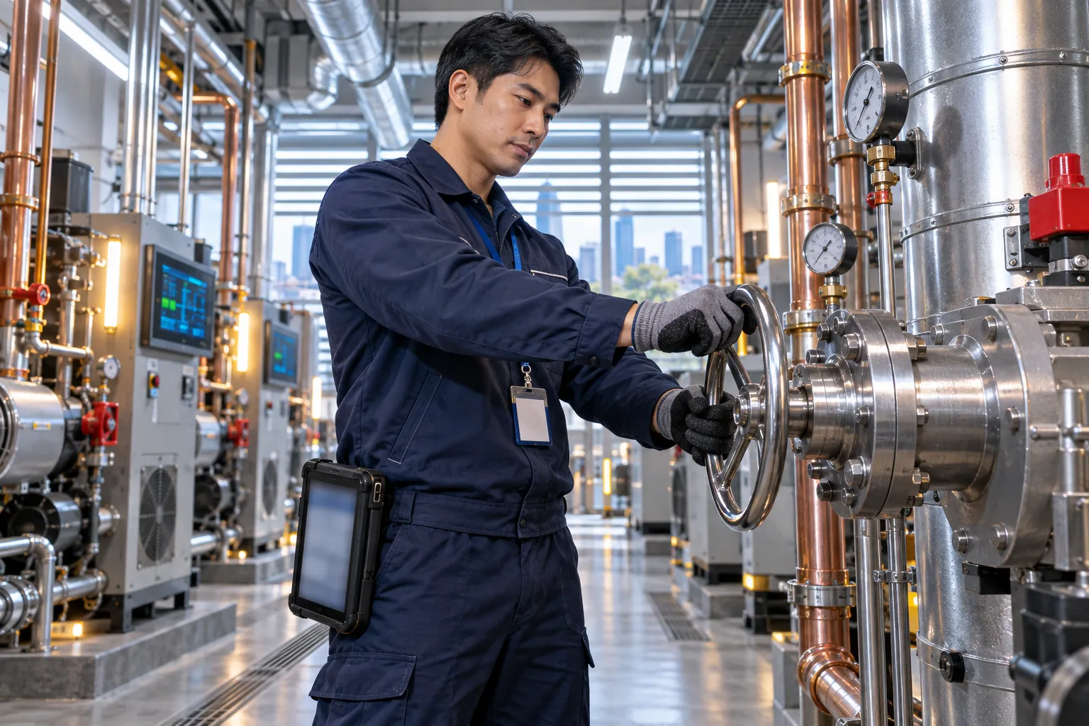 Modern commercial plant room with HVAC systems and precision maintenance equipment