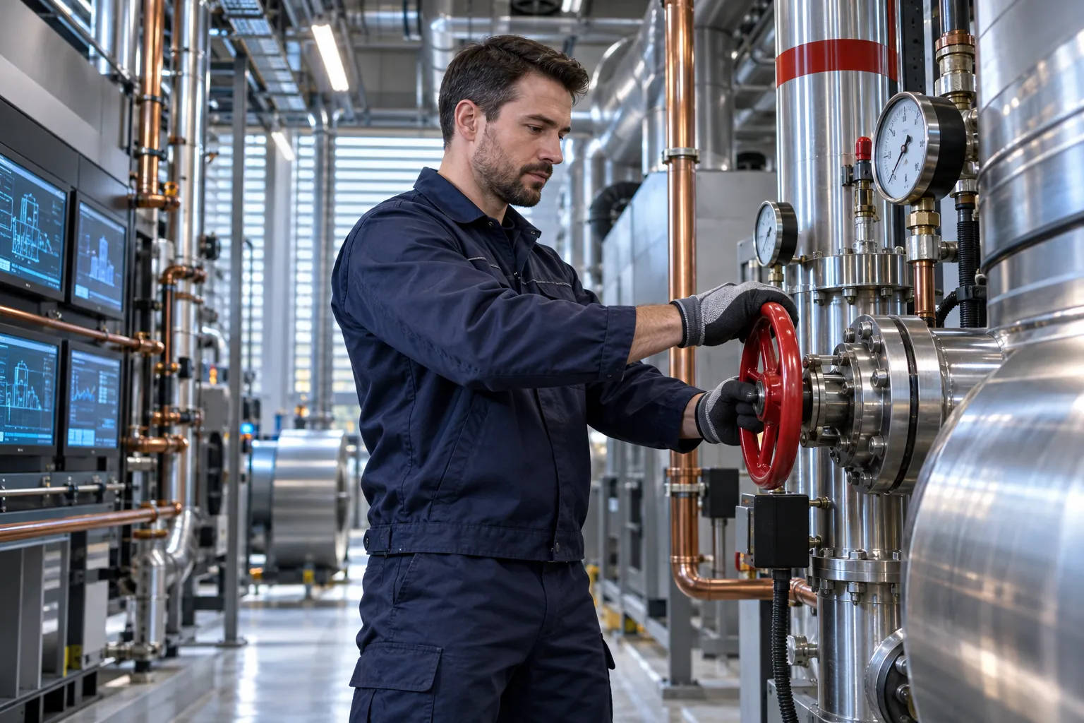 Technician inspecting modern HVAC equipment in clean commercial plant room