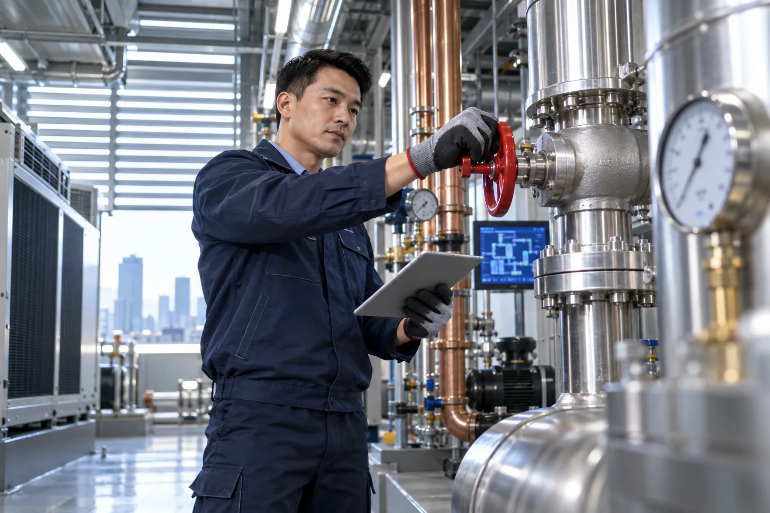 Modern commercial plant room with precision HVAC maintenance equipment
