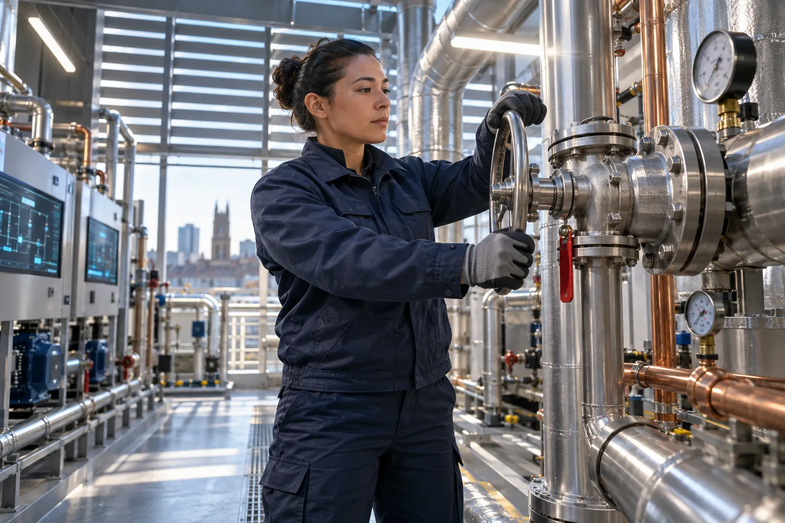 Modern commercial plant room with HVAC systems and precision maintenance equipment