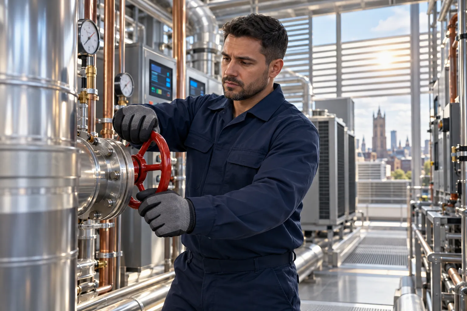 Technician inspecting modern commercial HVAC equipment in clean plant room