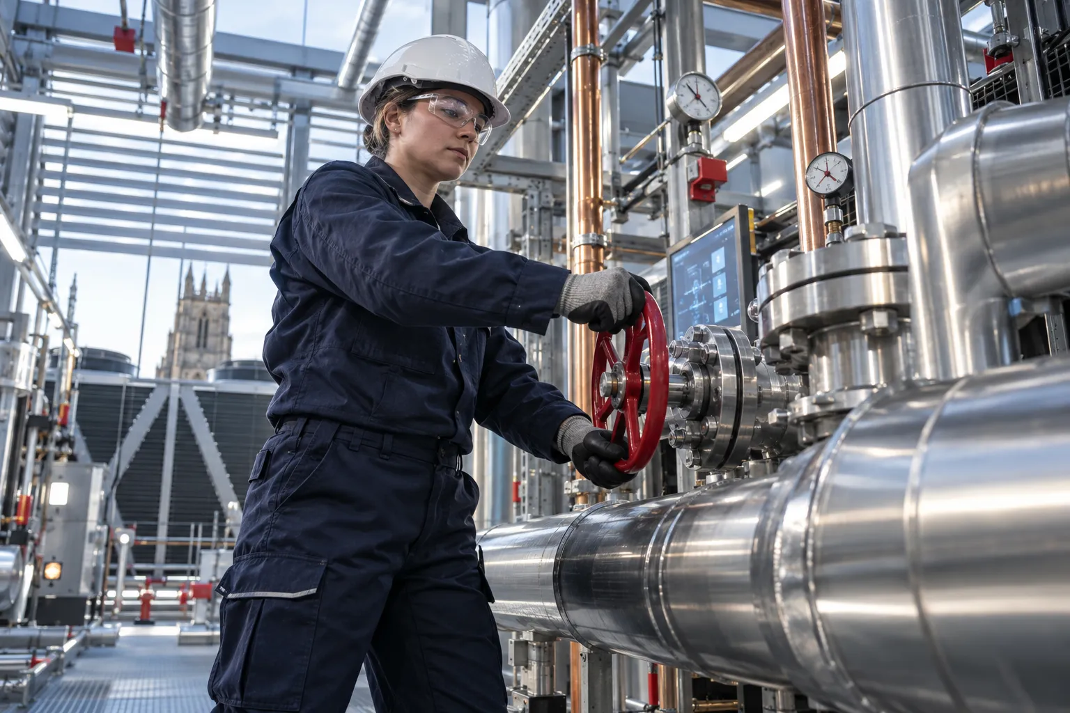 Technician maintaining modern commercial HVAC equipment in a plant room