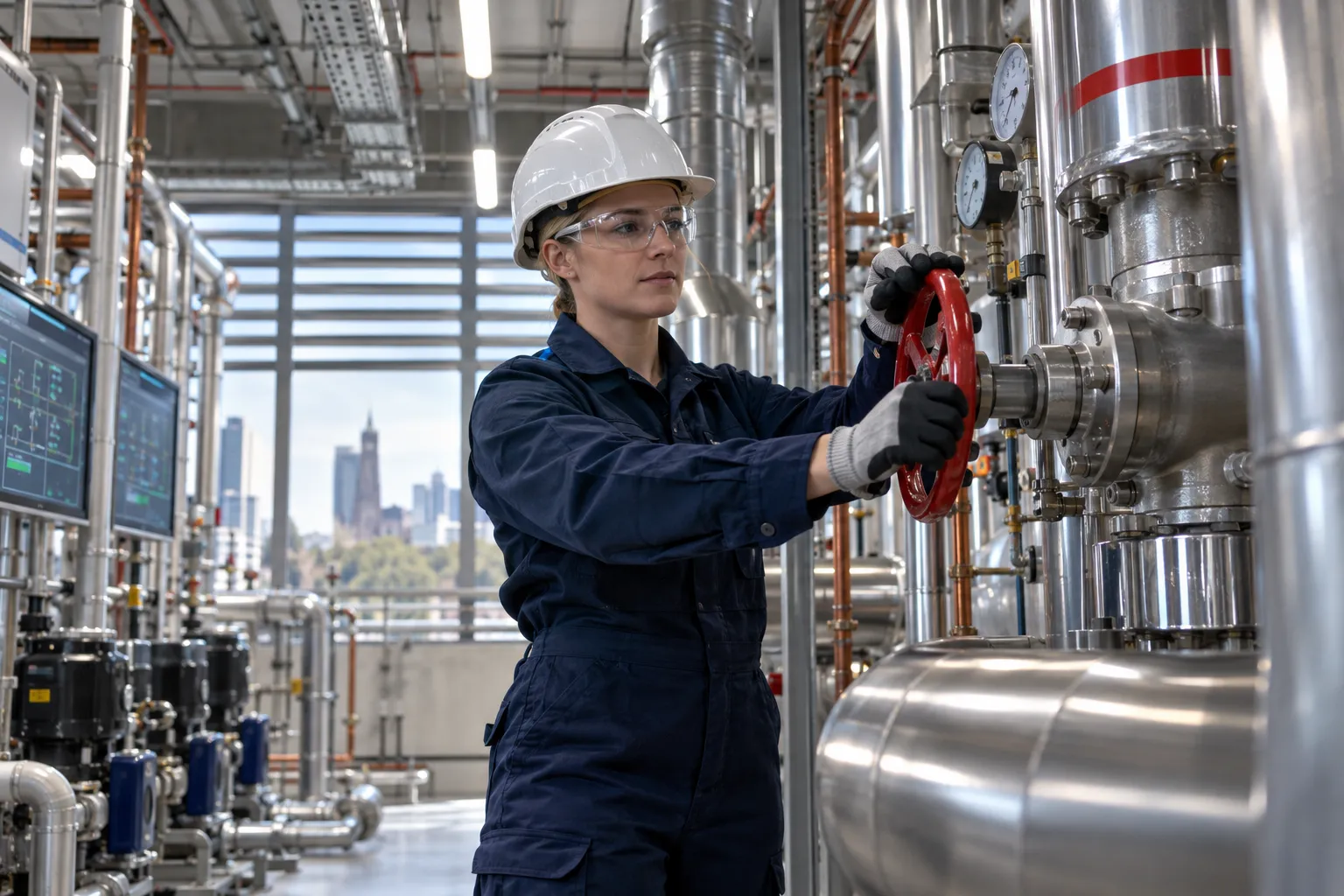 Modern commercial plant room with HVAC systems and maintenance equipment