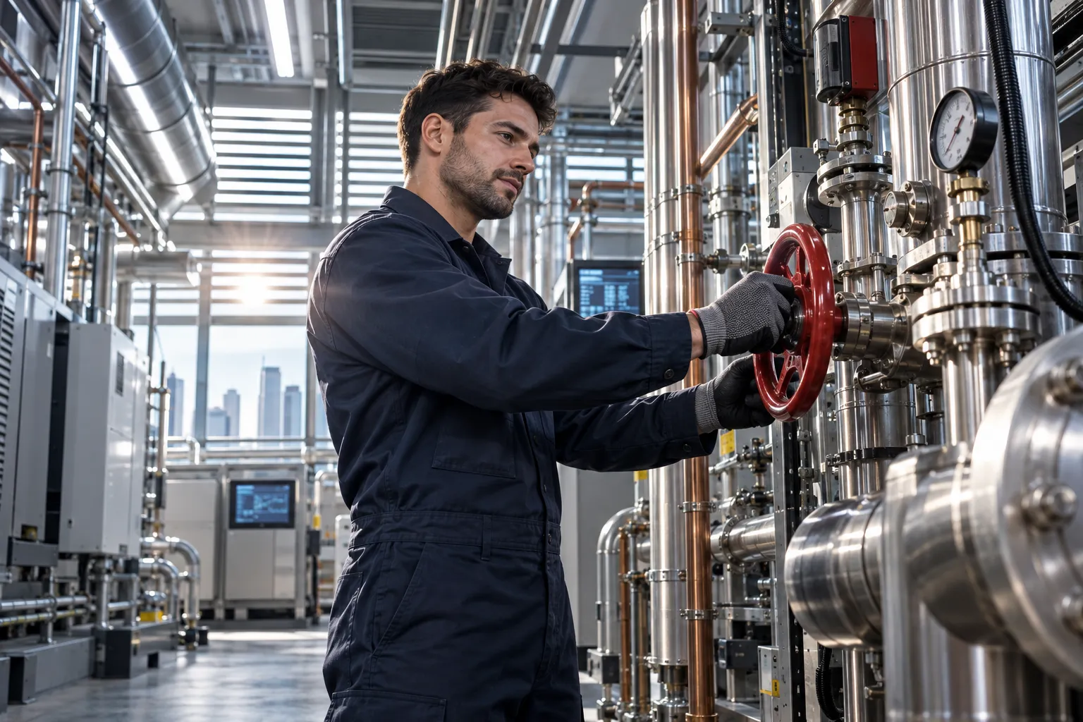 Modern commercial plant room with HVAC systems and electrical equipment
