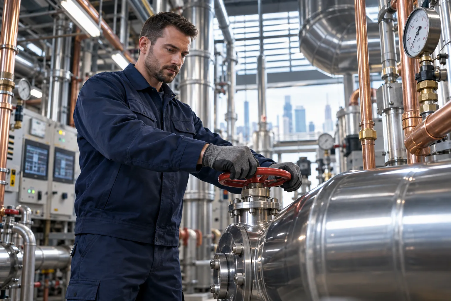 Technician maintaining modern HVAC equipment in a commercial plant room