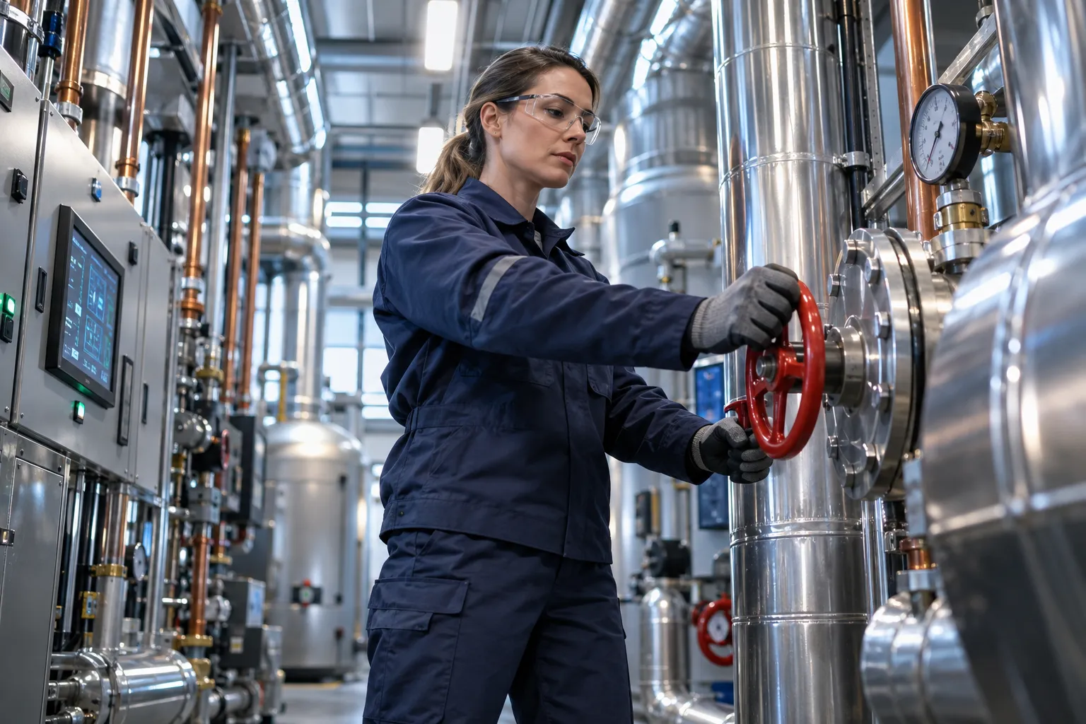 Engineer inspecting modern commercial HVAC system in clean plant room