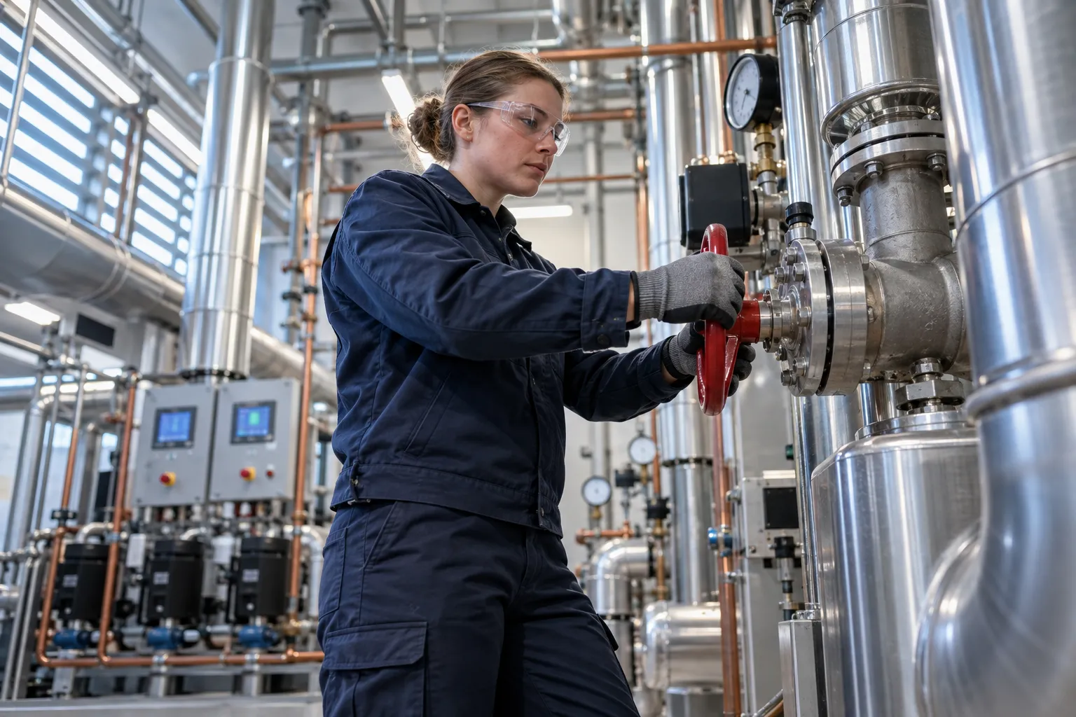 Modern commercial plant room with HVAC systems and maintenance equipment
