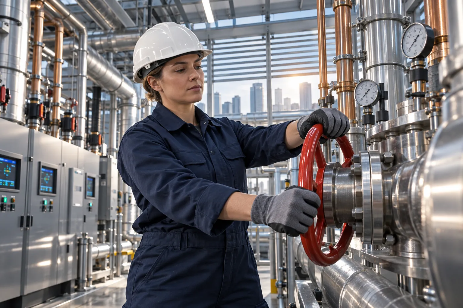 Technician inspecting modern commercial HVAC plant room equipment
