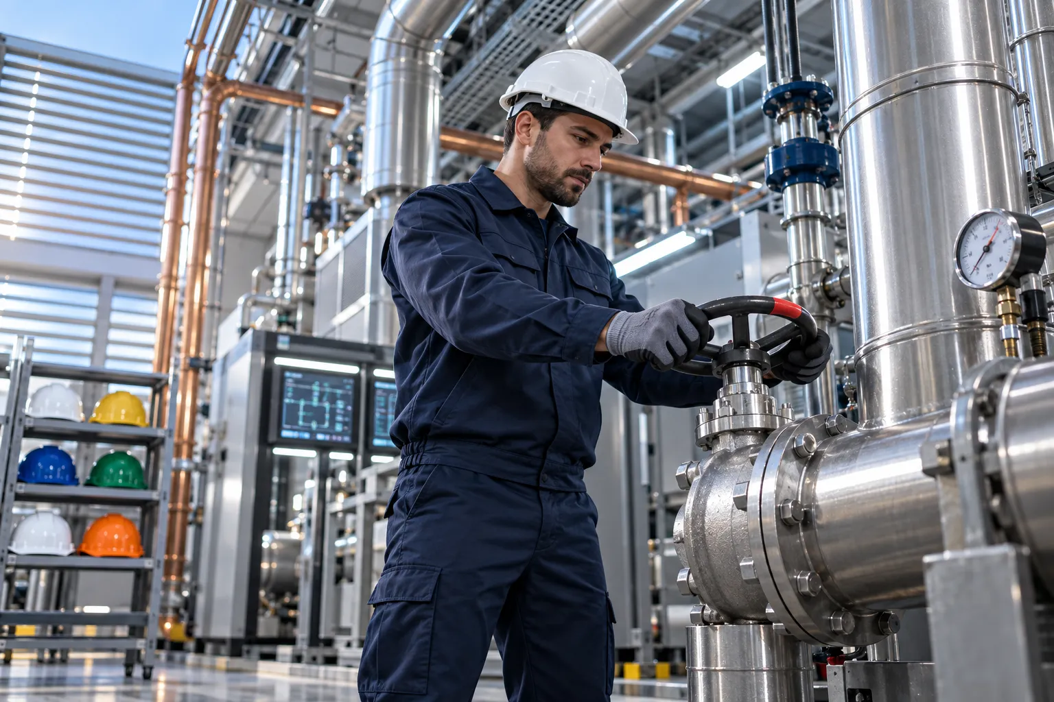Technician in hard hat inspecting modern commercial HVAC plant room equipment