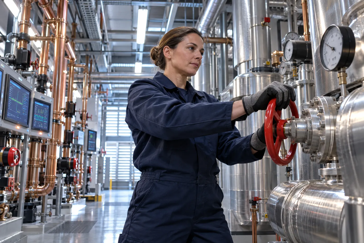 Engineer maintaining modern HVAC systems in a commercial plant room