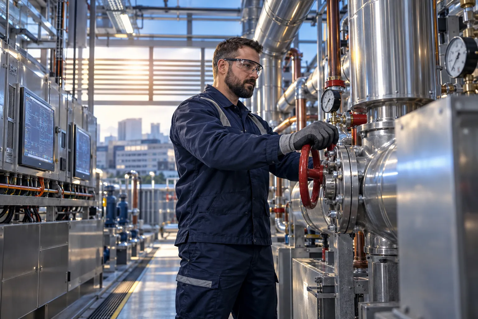 Technician performing precision maintenance on modern HVAC systems in commercial plant room