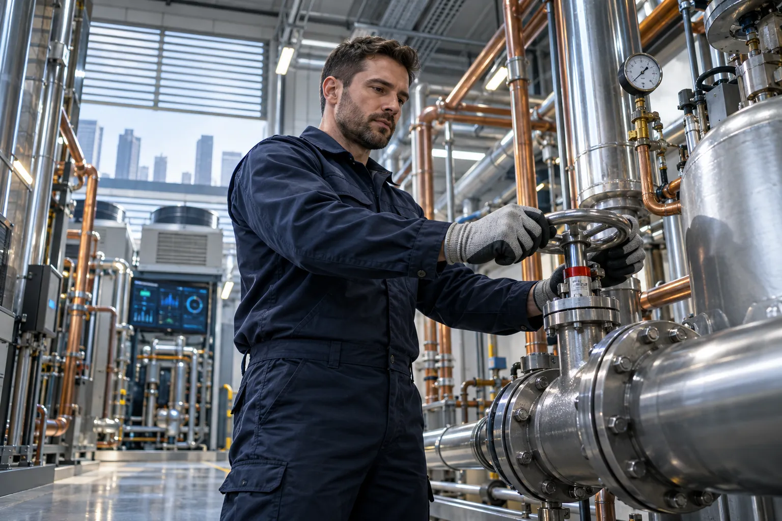 Engineer maintaining modern commercial air conditioning unit in plant room