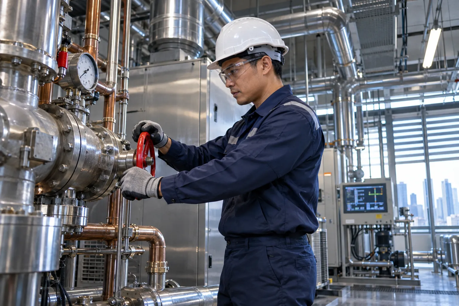 Technician servicing modern commercial HVAC equipment in clean plant room