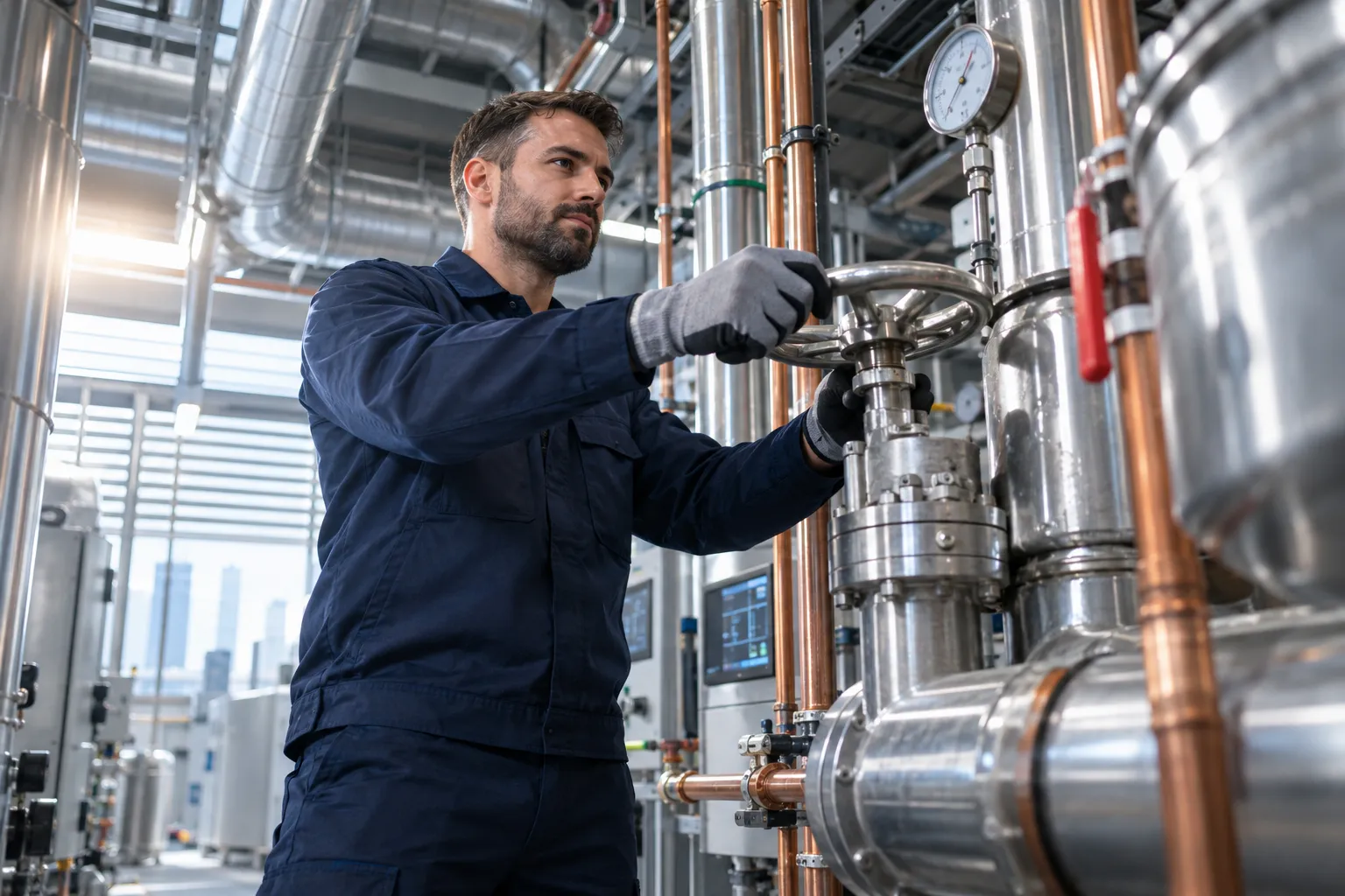 Technician performing precision maintenance on modern commercial HVAC system in plant room