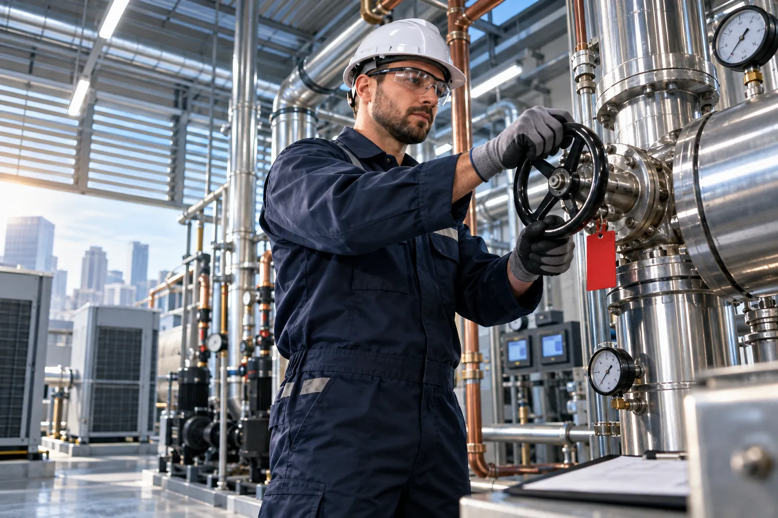 Technician maintaining modern HVAC system in commercial plant room