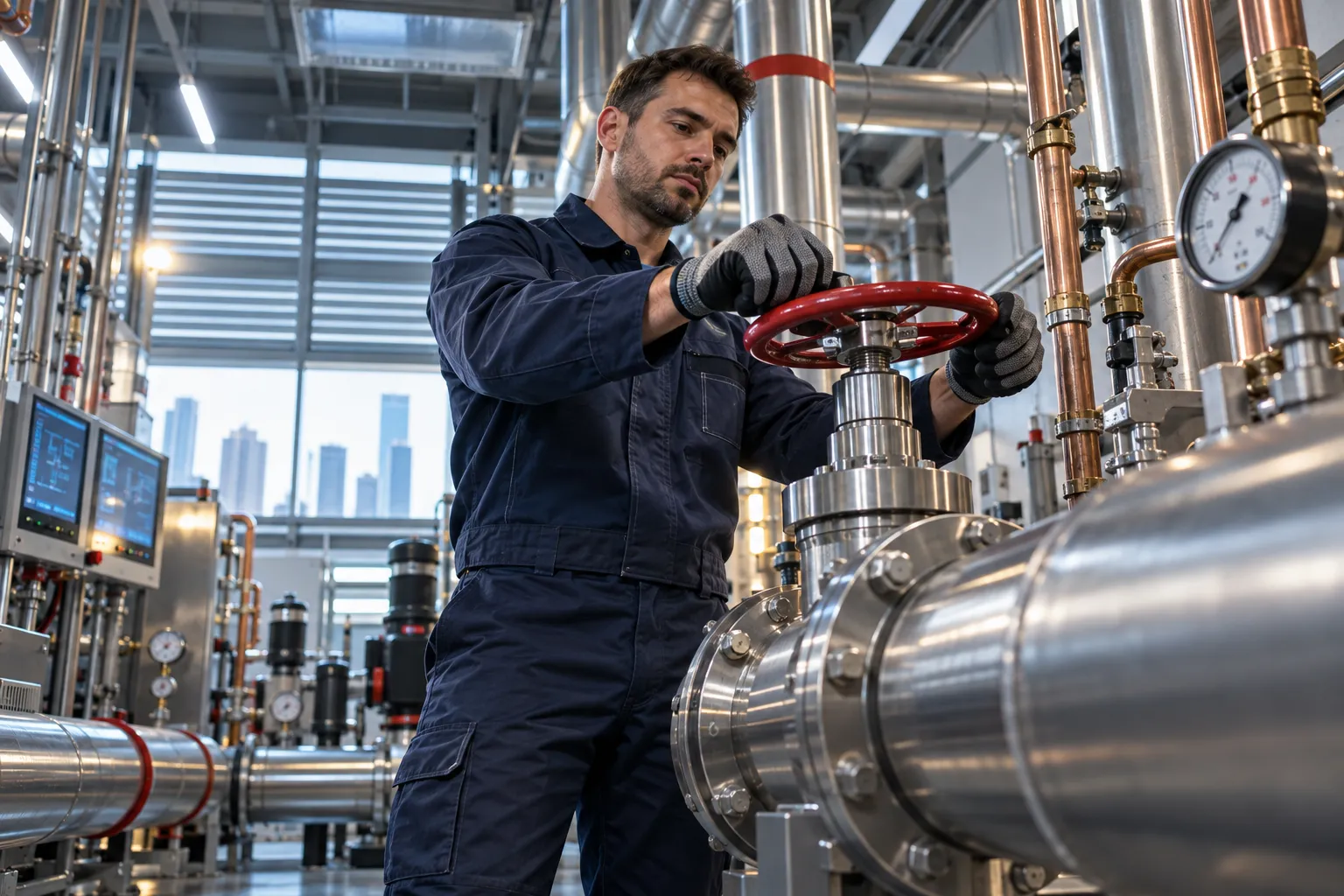Modern commercial plant room with industrial HVAC systems and pipework