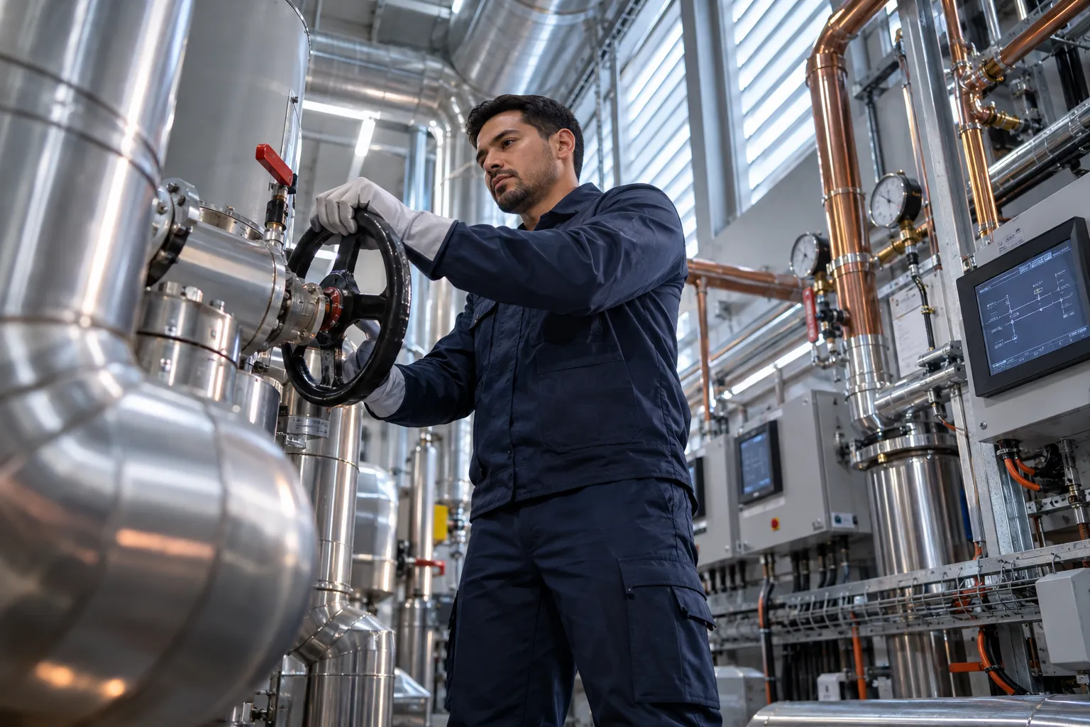 Engineer inspecting modern HVAC equipment in a commercial plant room