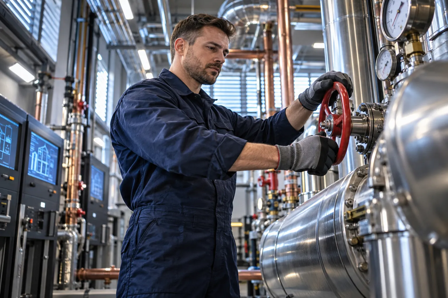 Industrial electrician maintaining modern HVAC systems in commercial plant room