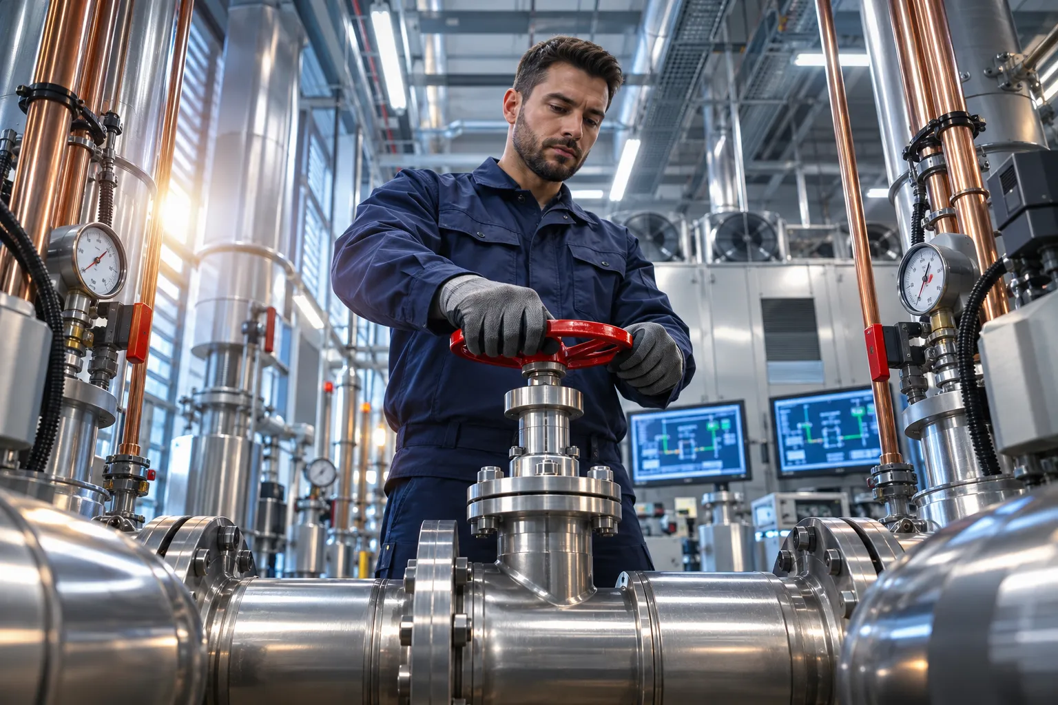 Electrician performing precision maintenance on commercial HVAC plant room equipment