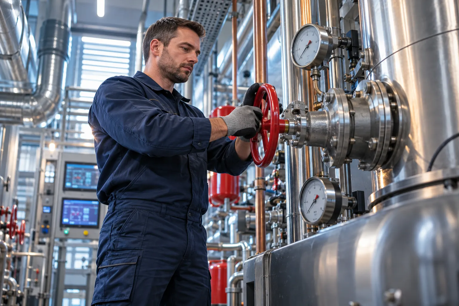 Technician servicing modern HVAC equipment in a commercial plant room