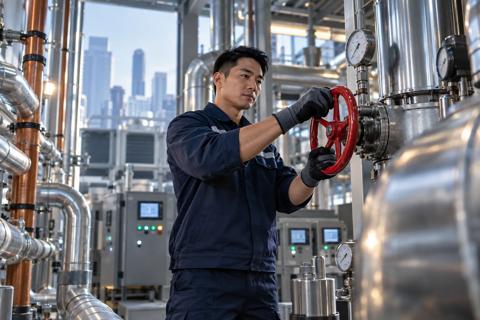 Technician performing planned maintenance on modern commercial HVAC system