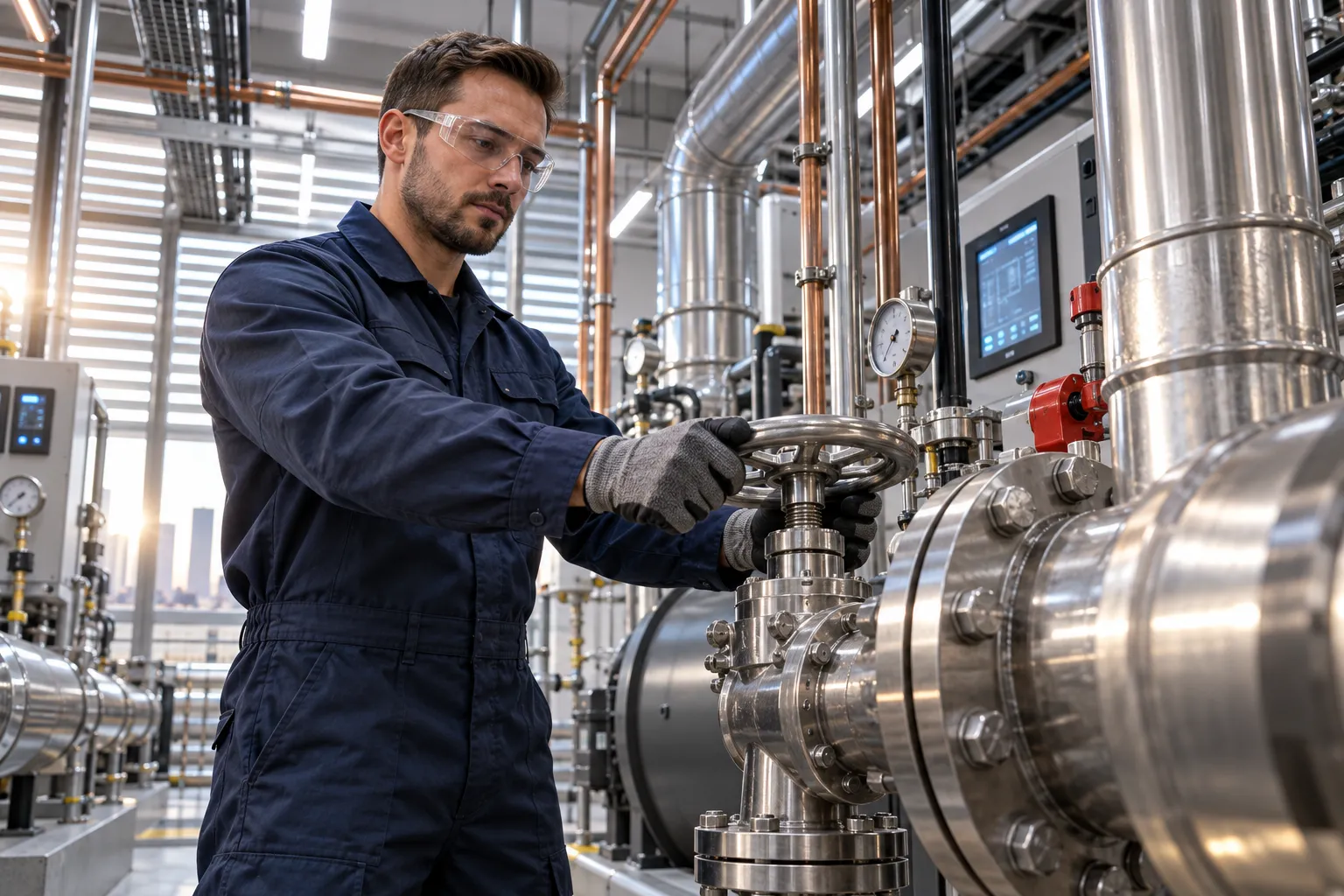 Technician maintaining modern commercial HVAC system in industrial plant room