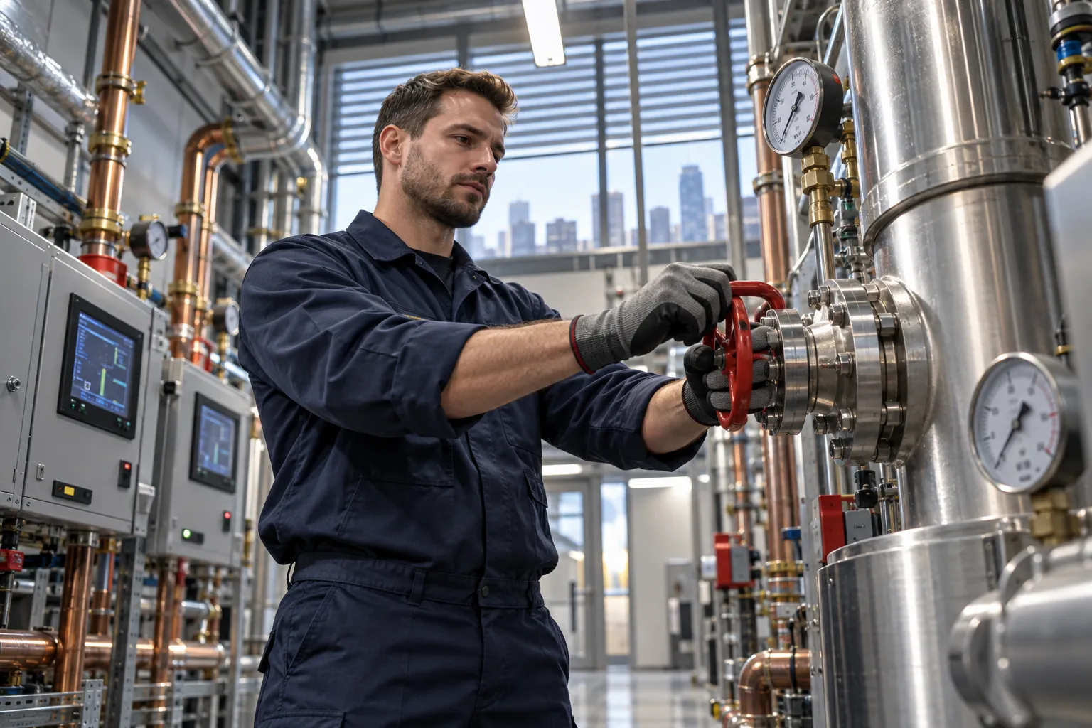 Engineer performing precision maintenance on modern HVAC system in commercial plant room