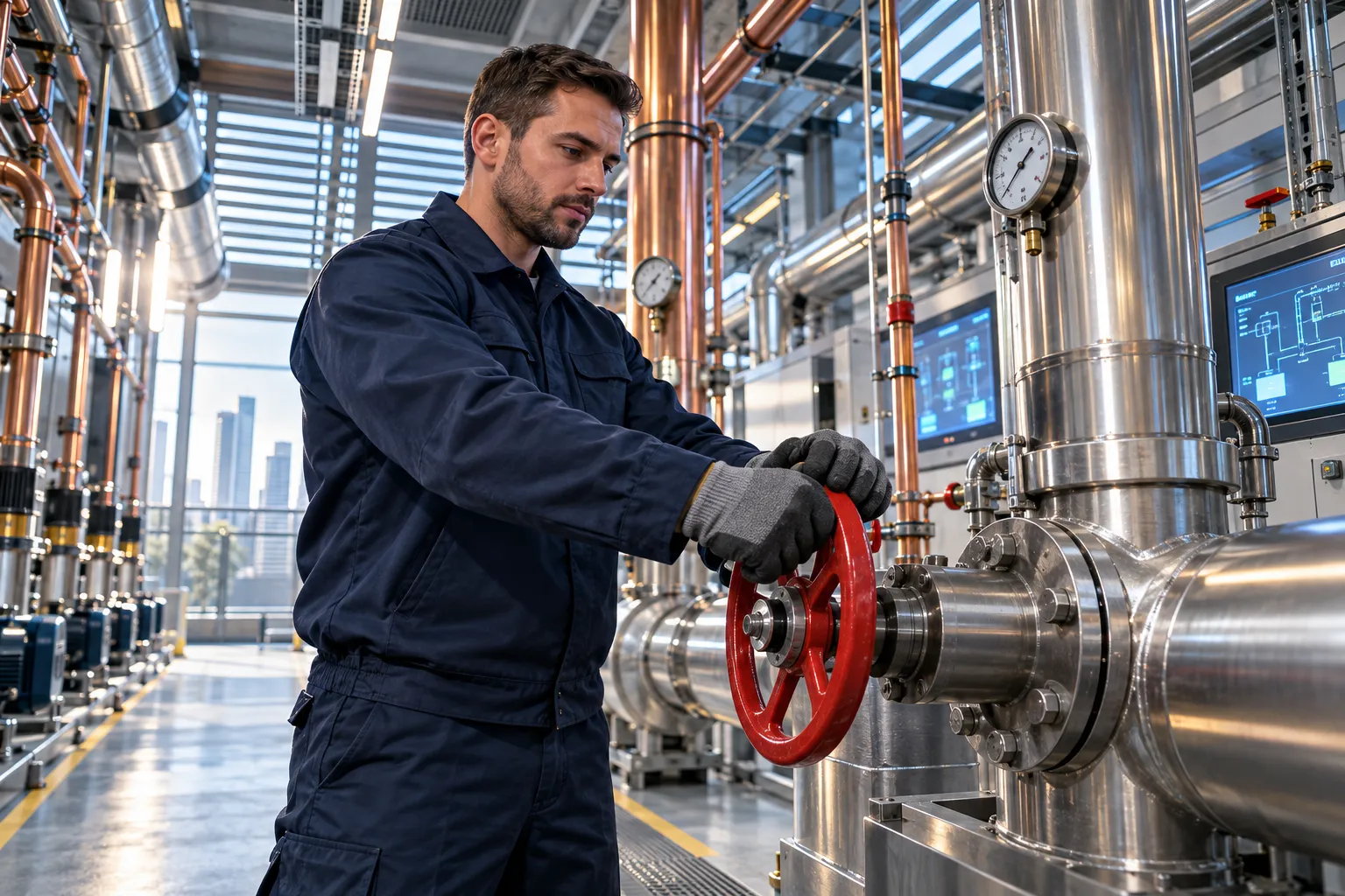 Modern commercial plant room with HVAC systems and precision maintenance equipment