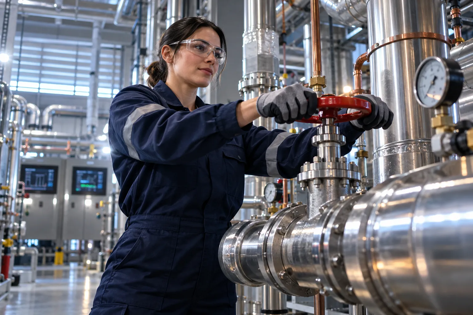 Engineer inspecting modern commercial HVAC system in plant room