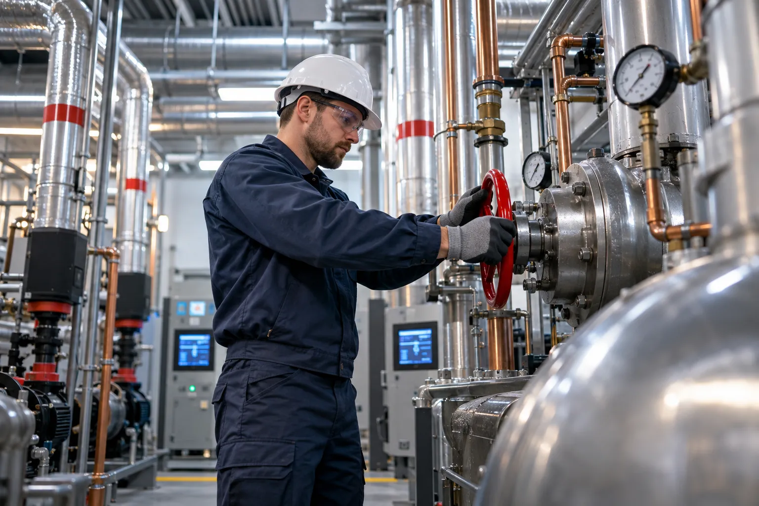 Engineer inspecting modern commercial HVAC system in plant room